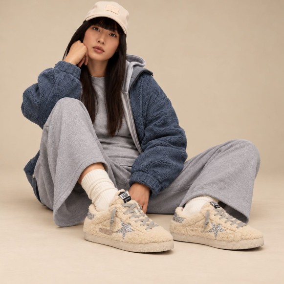 Женские зимние кеды Golden Goose Super-Star Winter Beige Shearling Glittered